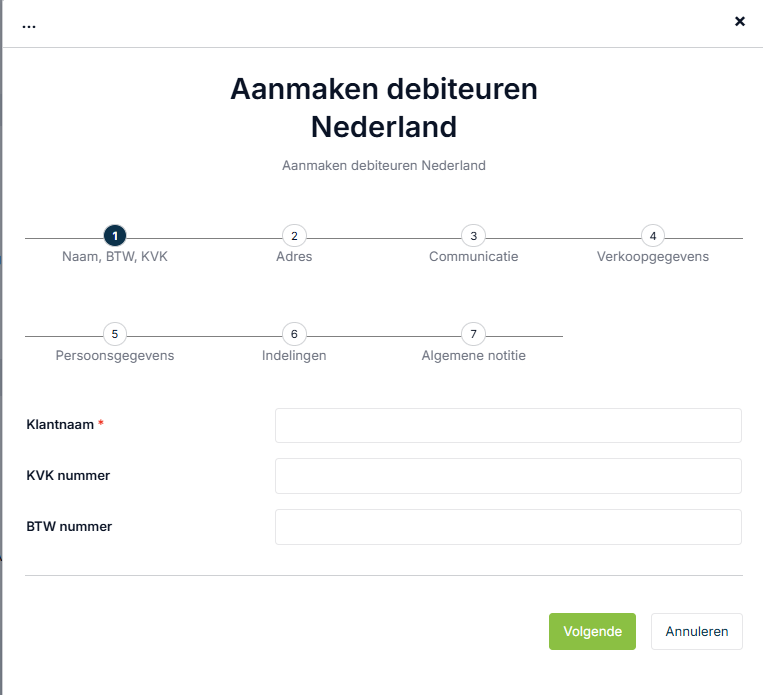 WCG GRIP invoerscherm aanmaak debiteur
